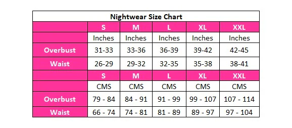 Baby doll-Chemise Size Chart in CMS & Inches
