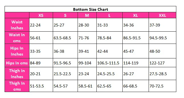 Bottoms Size Chart in CMS & Inches