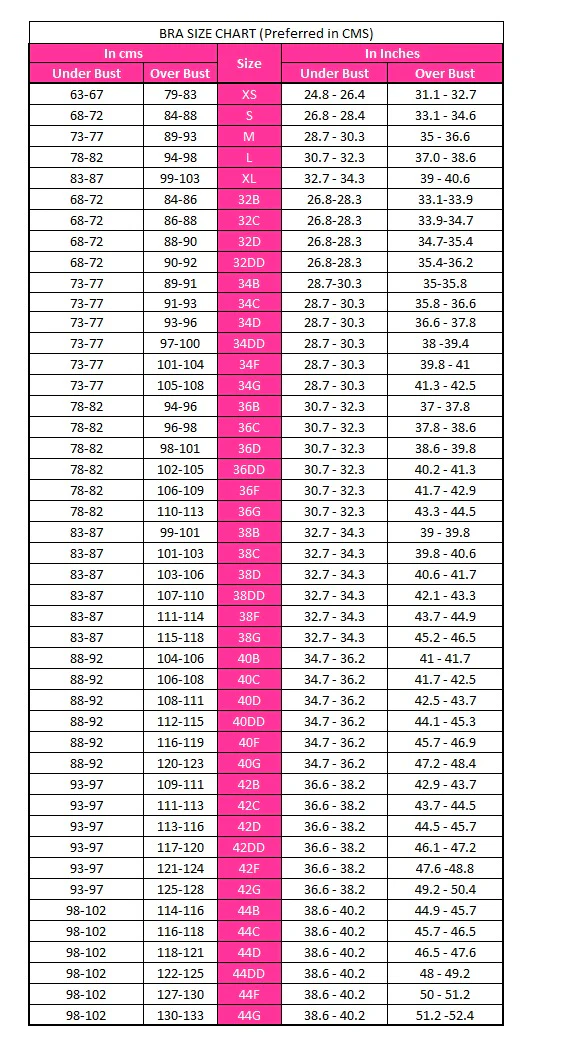 Bra Size Chart in CMS & Inches
