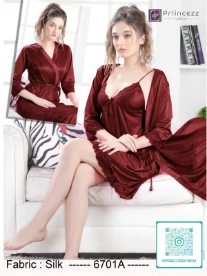 Premium Silk Nighty Set with Robe for Women