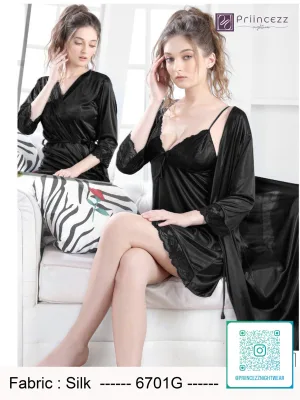 Premium Silk Nighty Set with Robe for Women