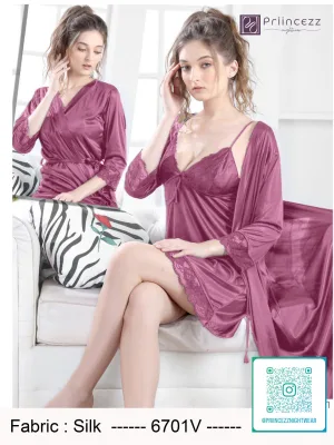 Premium Silk Nighty Set with Robe for Women