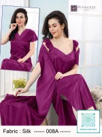 Elegant silk night dress with lace neckline and matching robe for women