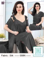 Elegant silk night dress with lace neckline and matching robe for women