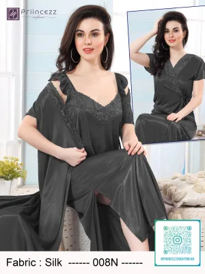 Elegant silk night dress with lace neckline and matching robe for women