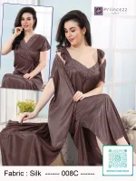 Elegant silk night dress with lace neckline and matching robe for women