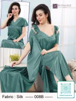 Elegant silk night dress with lace neckline and matching robe for women
