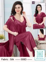 Elegant silk night dress with lace neckline and matching robe for women