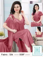 Elegant silk night dress with lace neckline and matching robe for women