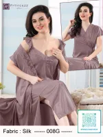Elegant silk night dress with lace neckline and matching robe for women