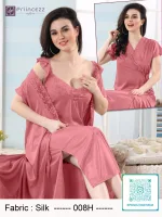 Elegant silk night dress with lace neckline and matching robe for women
