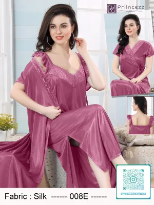 Elegant silk night dress with lace neckline and matching robe for women
