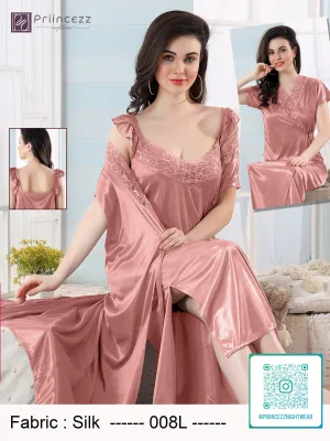 Elegant silk night dress with lace neckline and matching robe for women