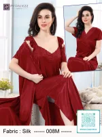 Elegant silk night dress with lace neckline and matching robe for women