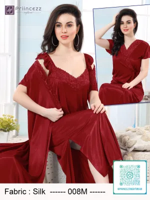 Elegant silk night dress with lace neckline and matching robe for women